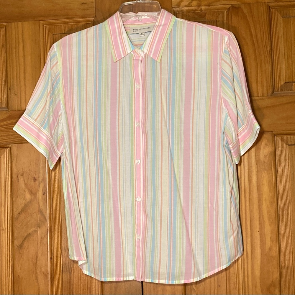 NWOT Jones New York Sport Vintage 90s Top Short Sleeve Blouse Pink White Size XL